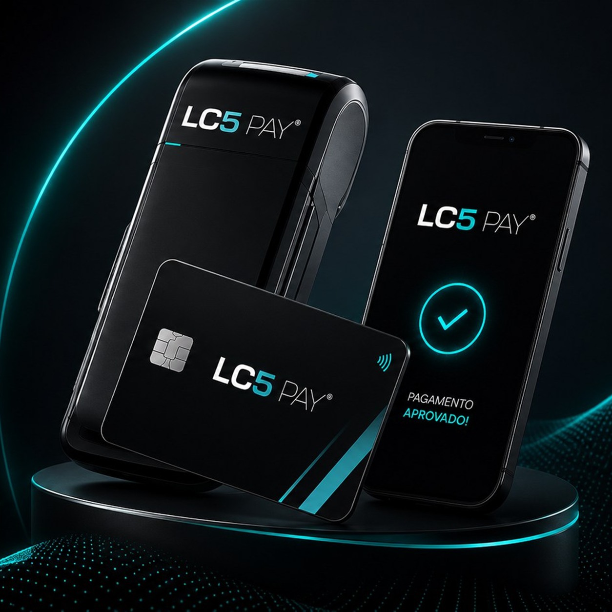 Composição LC5 PAY com maquininha, celular exibindo pagamento aprovado e cartão black